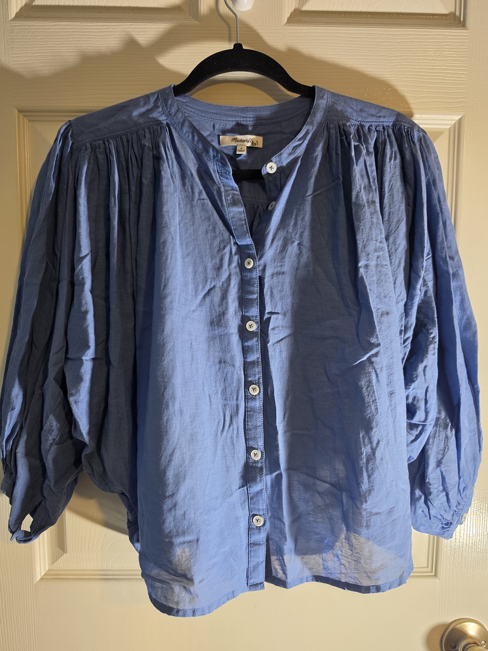 Madewell Shirred Blue Button-Front Blouse - Picture 2 of 7